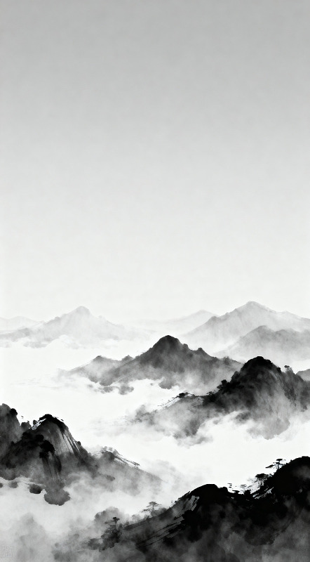 水墨山水画云雾缭绕山峰