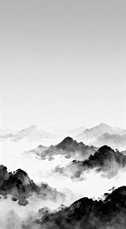 水墨山水画云雾缭绕山峰