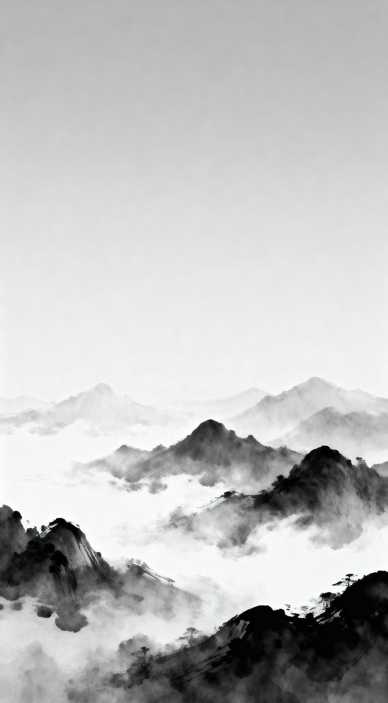 水墨山水画云雾缭绕山峰