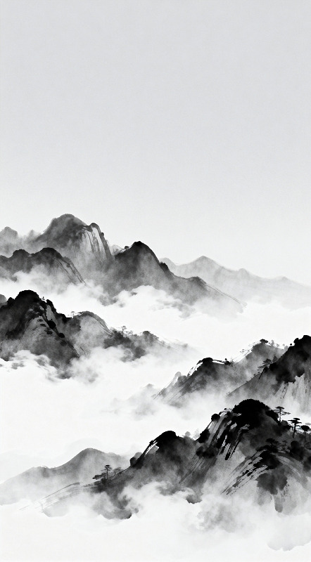 水墨山水画云雾缭绕山峦
