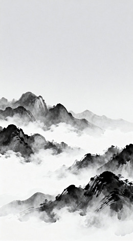 水墨山水画云雾缭绕山峦