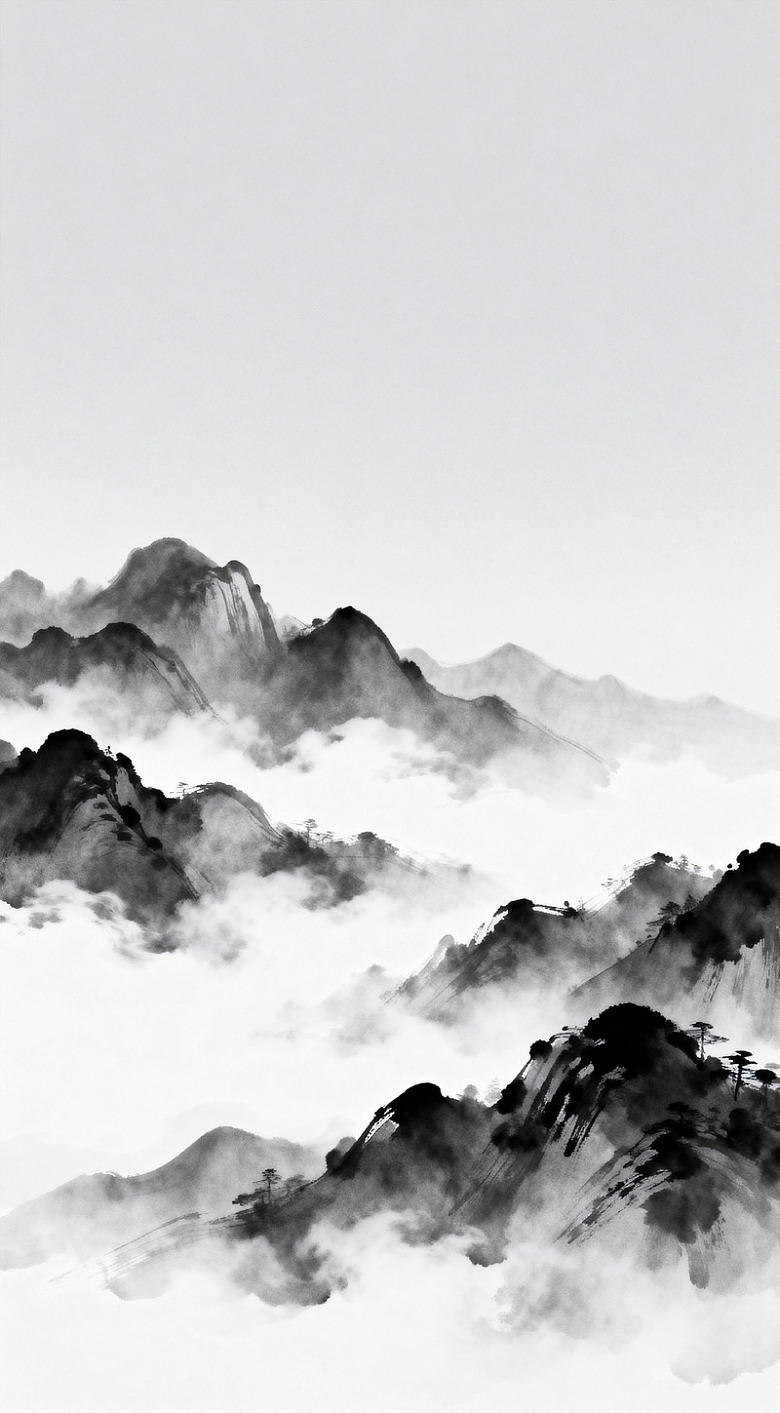 水墨山水画云雾缭绕山峦