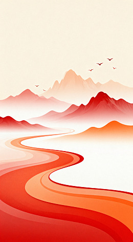 水墨山水画风格河流山脉艺术插画