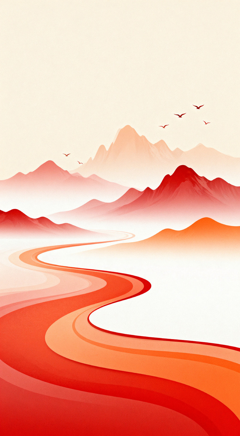 水墨山水画风格河流山脉艺术插画