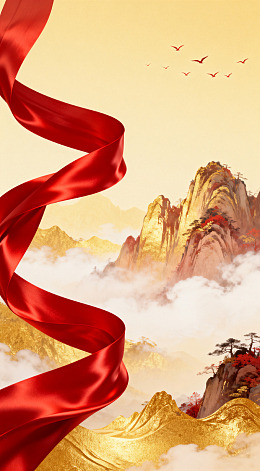 红色丝带山水风景国画