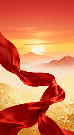 红绸舞山间落日美景