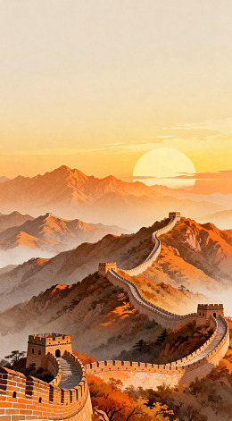 长城日落山水画风景画