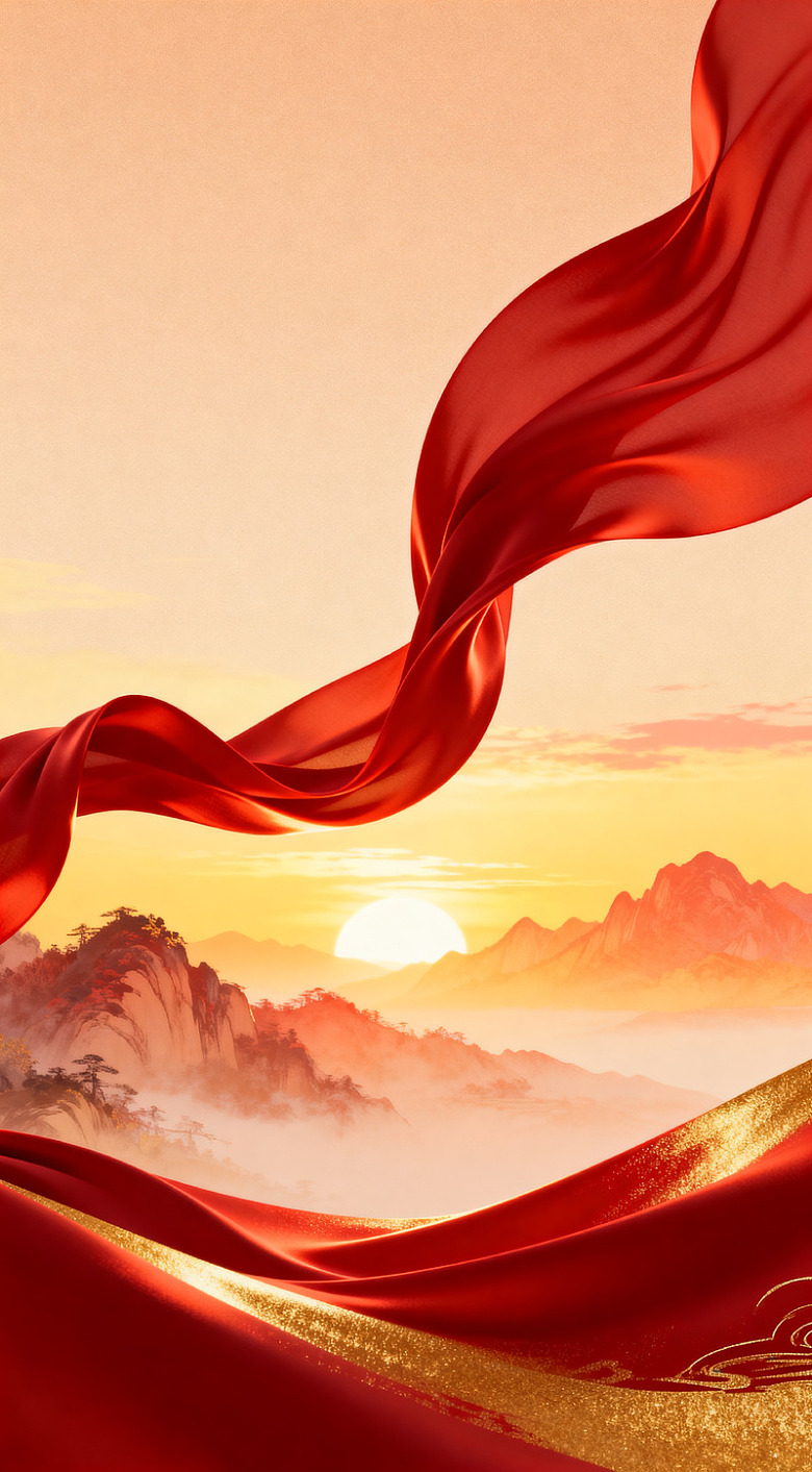 红绸日落山水图