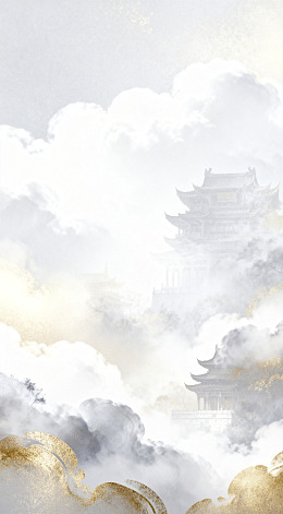 云雾仙境古建筑艺术插画