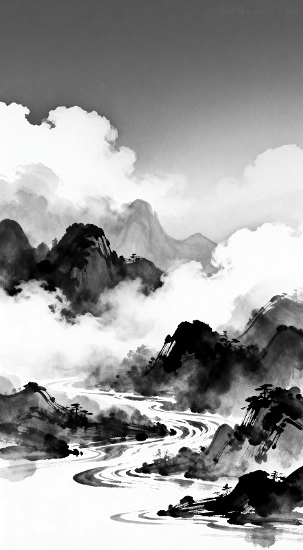 水墨山水画江河蜿蜒图