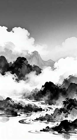 水墨山水画江河蜿蜒图