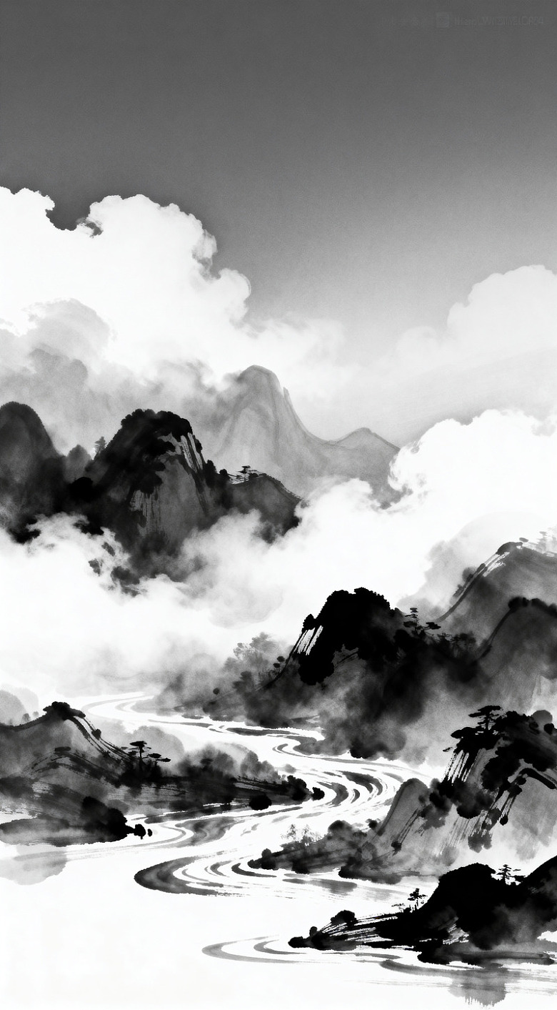 水墨山水画江河蜿蜒图