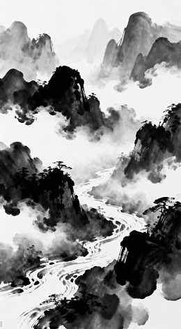 水墨山水画云雾缭绕山河图