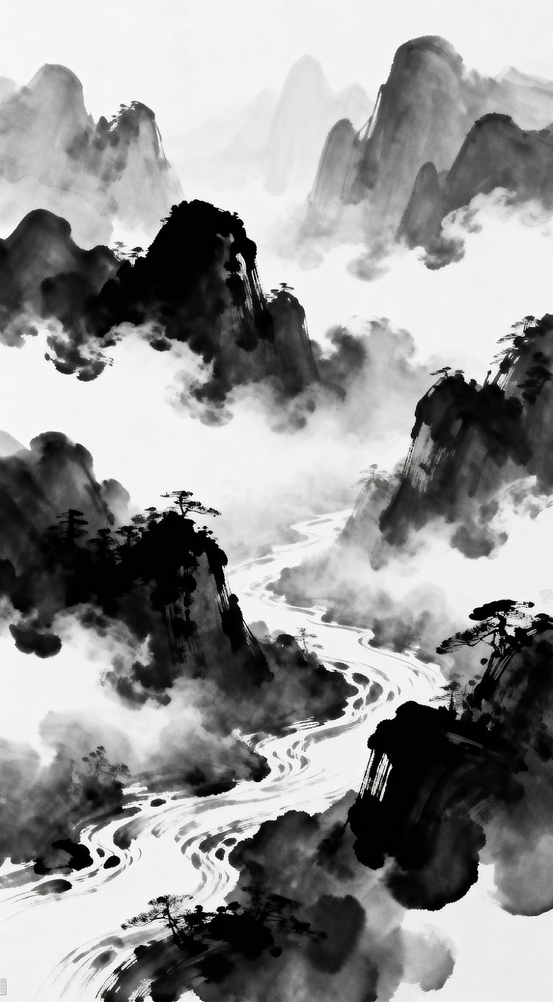 水墨山水画云雾缭绕山河图