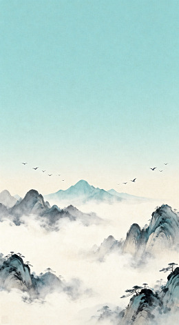 水墨山水画云雾缭绕山峦