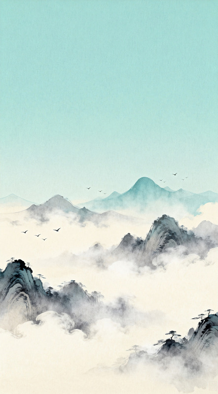 山水画卷水墨画飞鸟山峰
