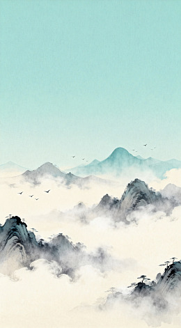 山水画卷水墨画飞鸟山峰