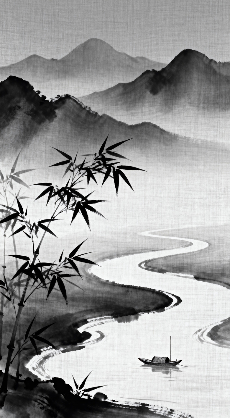 水墨山水竹景国画