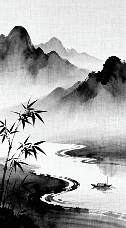 水墨山水画江舟竹景