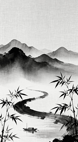 水墨山水画江竹小舟图