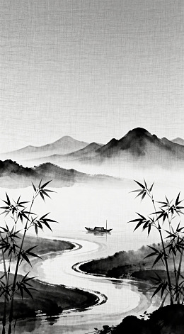 水墨山水竹林小舟