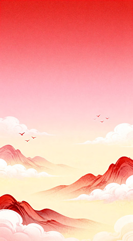 山水画日落飞鸟艺术插画