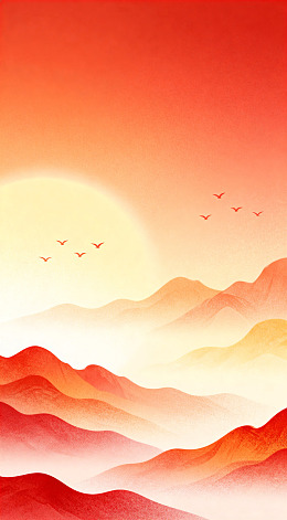 夕阳山水水彩画