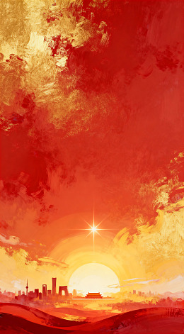 火红日落城市天际线艺术画