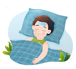 生病卧床休息的小男孩插画
