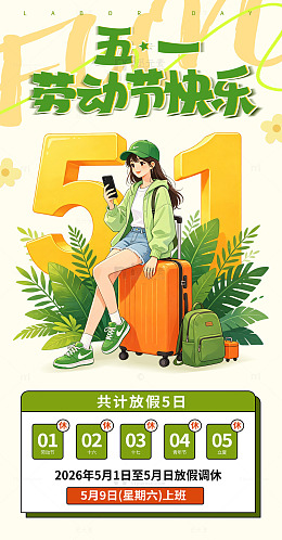 五一劳动节放假通知海报女孩插画海报51