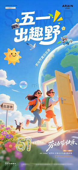 五一劳动节夏天旅游卡通海报2