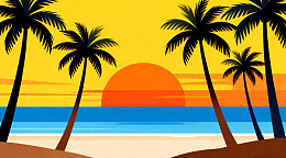椰树夕阳海滩风景插画