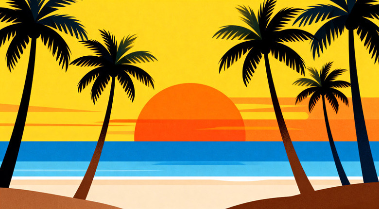 椰树夕阳海滩风景插画