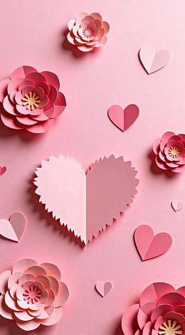 粉色浪漫纸艺花朵心形装饰素材