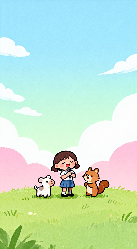 童趣卡通草地女孩动物插画