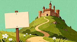 卡通城堡山路风景插画