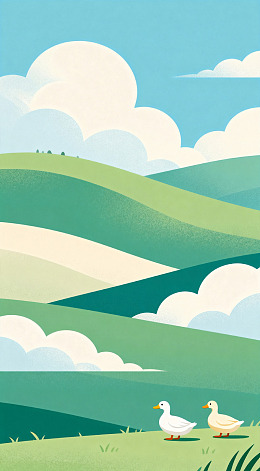 田园风光鸭戏绿草地插画