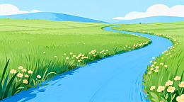 田园风光小河风景插画