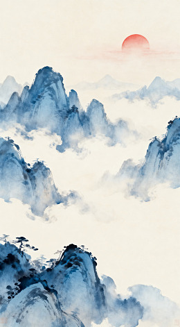 水墨山水画日出风光