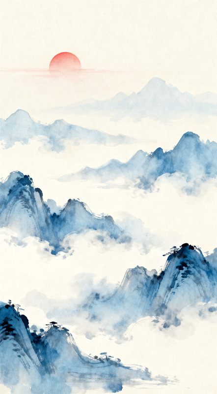 水墨山水画日落风光