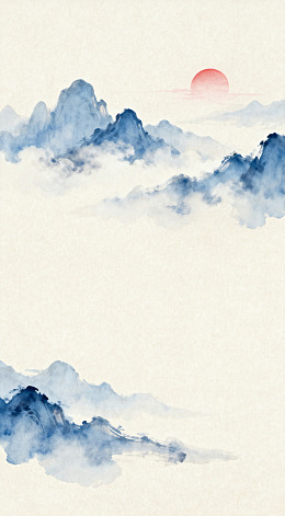 水墨山水画日落风光