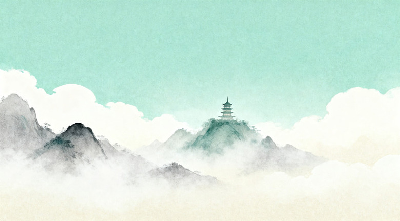 山水画云雾缭绕古塔