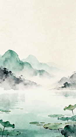 水墨山水荷塘风景画