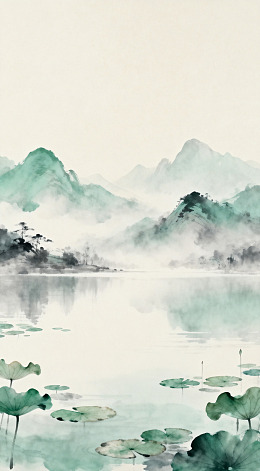 水墨山水画荷塘景观