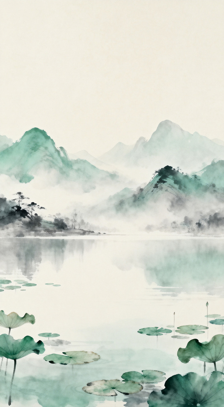 水墨山水画荷塘景观