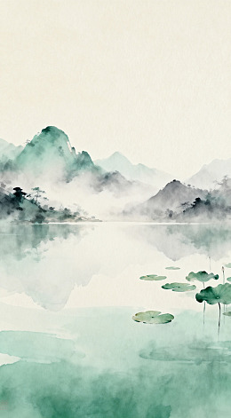 水墨山水荷叶风景画