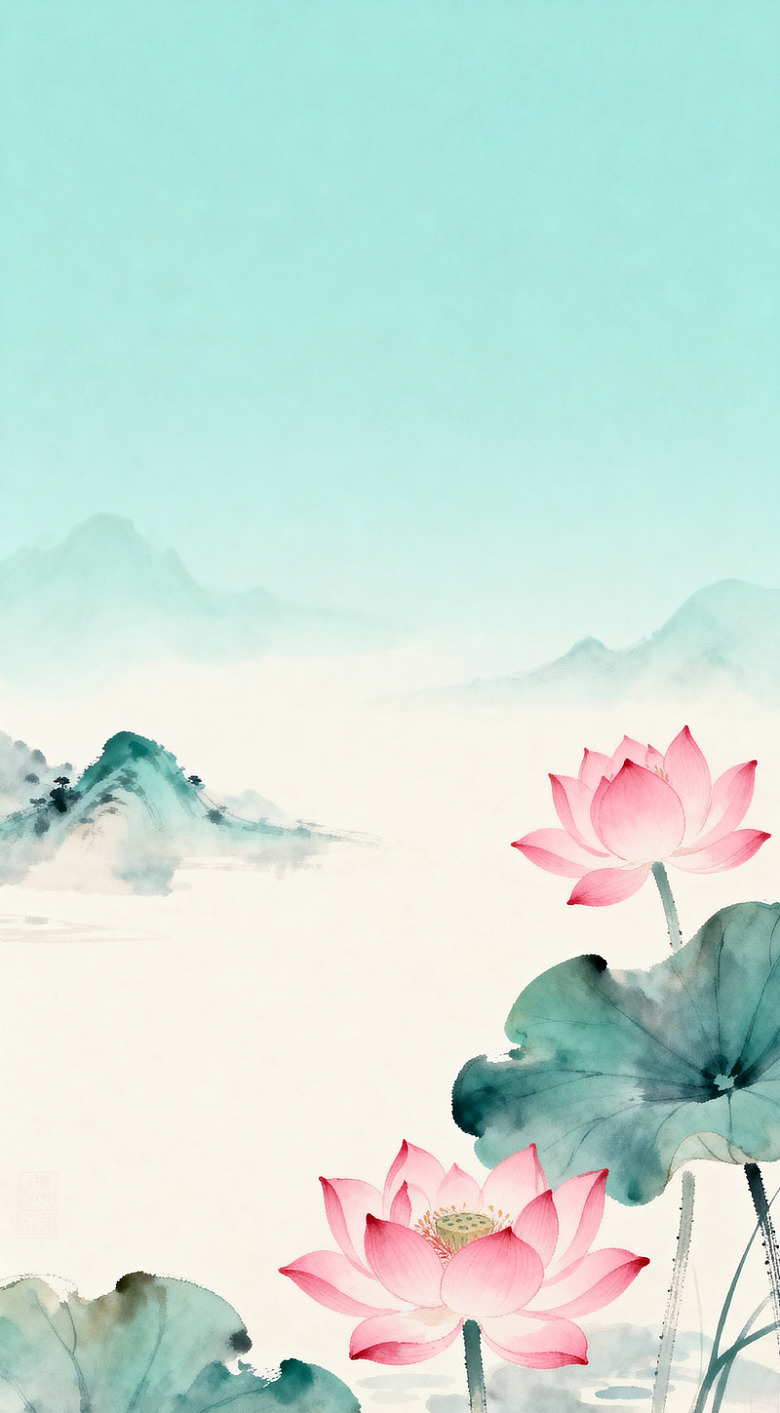 水墨荷花山水画设计图