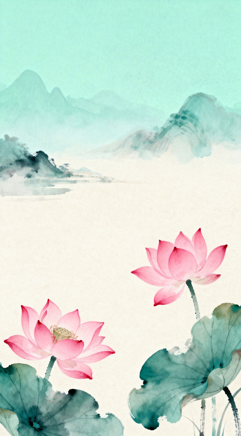 水墨荷花山水画设计图