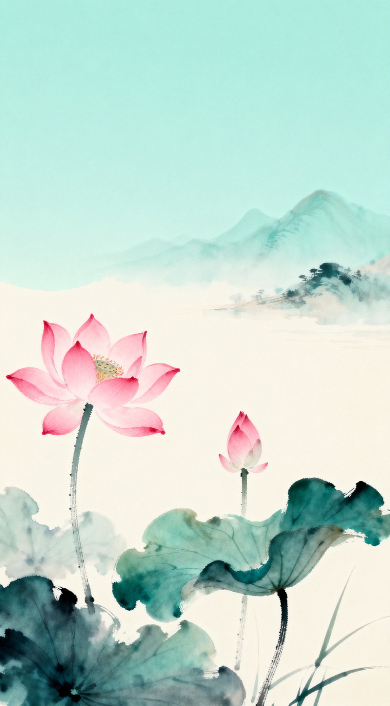 水墨荷花山水画装饰画素材