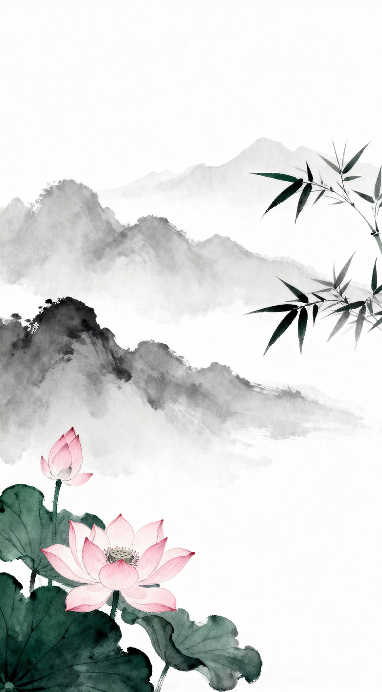 水墨山水画荷花竹子风景画
